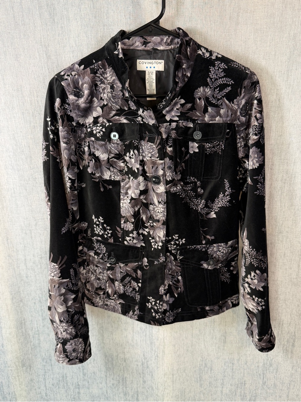 Covington Cotton/Rayon Black Floral Velvet Soft Utility Jacket S 6-8